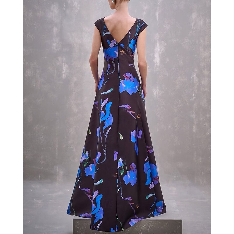 A-Line Evening Gown Elegant Dress Formal Wedding Floor Length Sleeveless V Neck Satin Wedding Guest Dress with Floral Print Pockets3