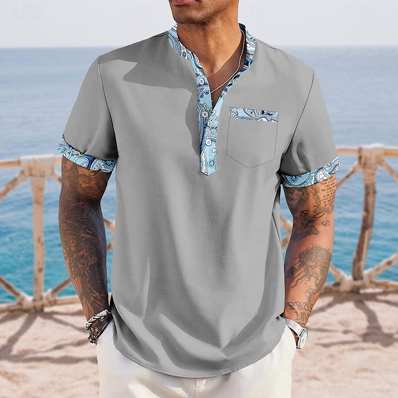 Men's Paisley Ethnic Shirt Henley Shirt Stand Collar Shirt Short Sleeve Vintage Retro Vacation Daily Summer Spring Mandarin Collar Band Collar Buttons Front One Pocket Linen Like Shirt Pink Blue4