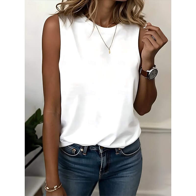 Women's Cotton Linen Vest Solid Color Vintage Tropical Stylish Sleeveless Crew Neck Regular Tops Work Daily Holiday Black White Summer Spring