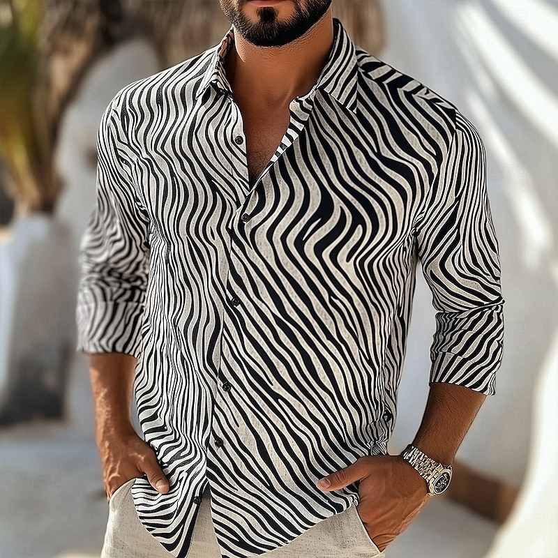Men's Geometric Stripes Waves Shirt Button Up Shirt Casual Dress Shirt Long Sleeve Fashion Casual Formal Vacation Dailywear Summer Spring Turndown 3D Print Collared Shirts Black Black+White