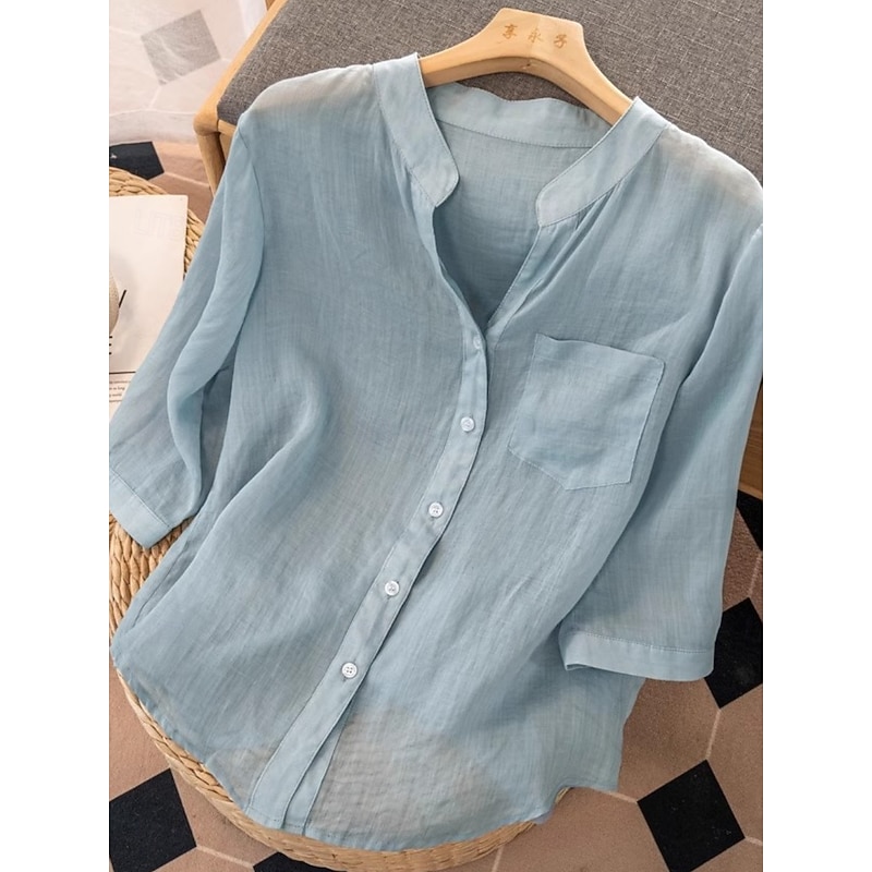 Women's Cotton Linen Shirts Solid Color Basic Casual Long Sleeve V Neck Regular Tops Daily Pocket Buttons White Navy Blue Light Blue Summer3