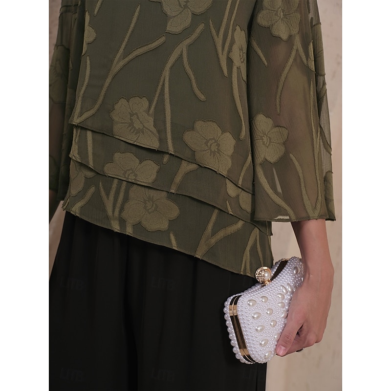 Women's Lace Shirt Blouse Dressy Tops Chiffon Tops Solid Color Floral Elegant Stylish Casual Half Sleeve Flutter Sleeve Boat Neck Regular Tops Wedding Guest Work Daily Asymmetric Hem Olive Summer2