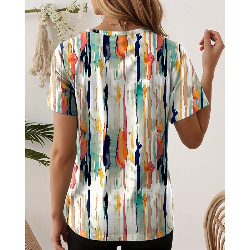 Women's T Shirt Graphic Geometric Striped Vintage Stylish Classic Short Sleeve Crew Neck Regular Tops Daily Print Black White Royal Blue Blue Purple Summer Spring2