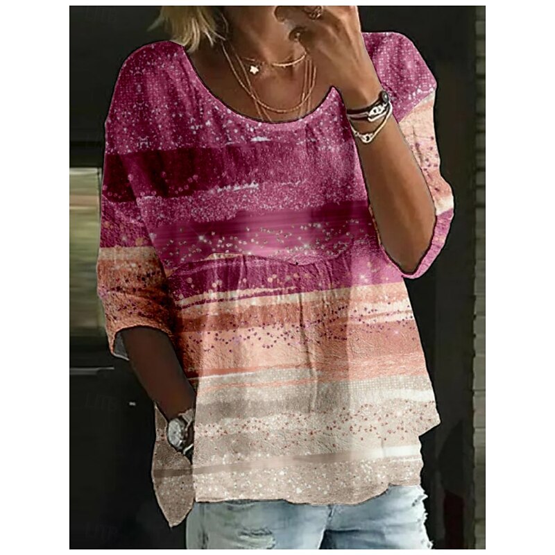 Women's Blouse Striped Stylish 3/4 Length Sleeve Crew Neck Regular Tops Daily Holiday Print Black Pink Blue Fuchsia Dark Gray Summer