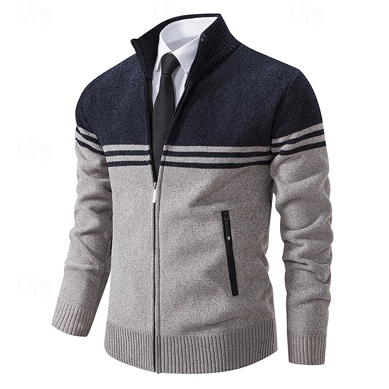 Men's Sweater Cardigan Sweater Cropped  Sweater Ribbed Knit Regular Tops Knitted Color Block Stand Collar Warm Ups Modern Contemporary Office Casual Clothing Apparel Fall Winter Black Navy Blue M L XL2