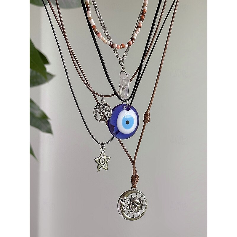 Women's Boho Layered Charm Necklace Set – Multilayer Evil Eye, Sun & Star Pendants with Beaded Choker, for Spiritual Fashion, Festivals and Everyday Wear4