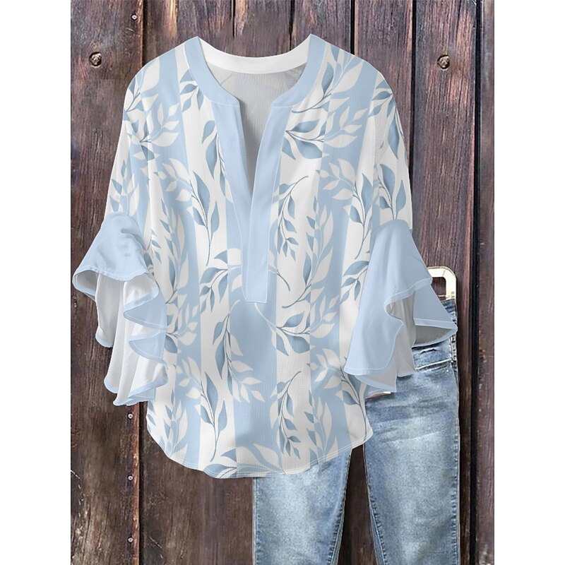 Women's Blouse Floral Stylish Modern 3/4 Length Sleeve V Neck Regular Tops Daily Holiday Ruffle Print White Blue Purple Green Summer