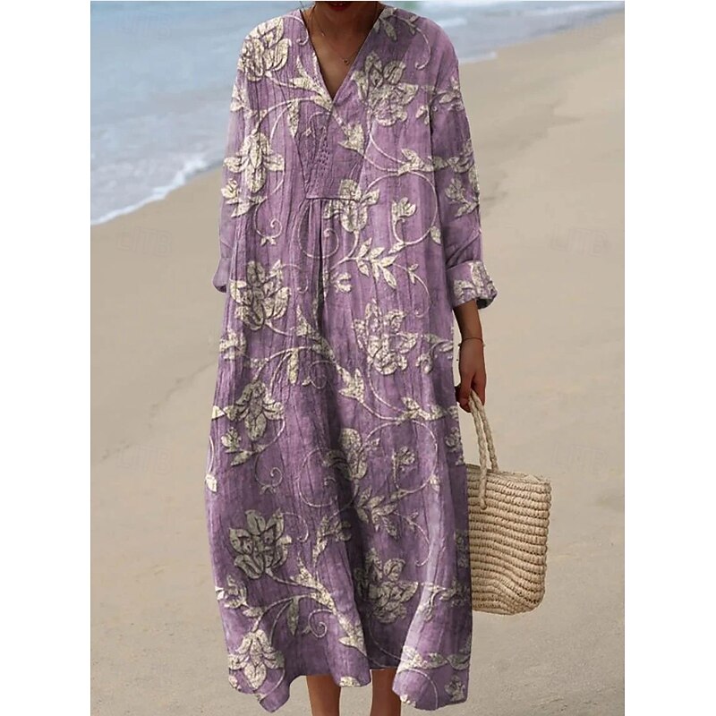 Women's Midi Dress V Neck Long Sleeve Kaftan Lightweight Loose Fit A Line Dress Casual Boho Party Going out Floral Graphic Long Sleeve V Neck Gray Green Pink Purple off-white3
