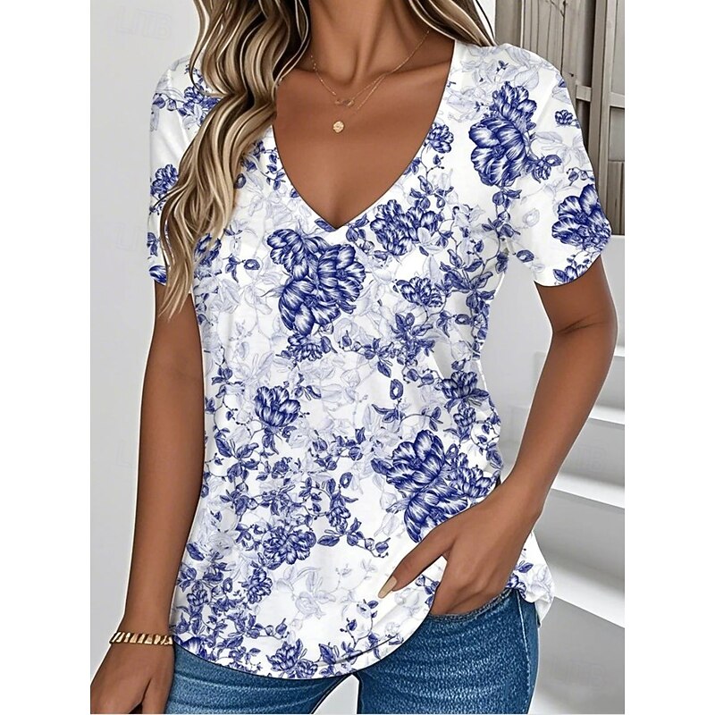 Women's T Shirt Floral Graphic Plants Vintage Fashion Hawaiian Short Sleeve V Neck Regular Tops Daily Going out Weekend Print Blue Green Summer Spring2