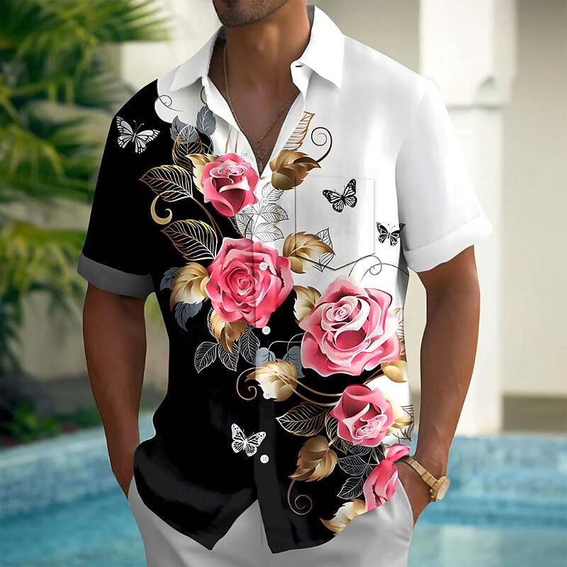 Men's Floral Print Flowers Summer Hawaiian Shirt Button Up Shirt Aloha Shirt Short Sleeve Hawaiian Holiday Beach Wear Summer Spring Turndown 3D Print Collared Shirts Front One Pocket White