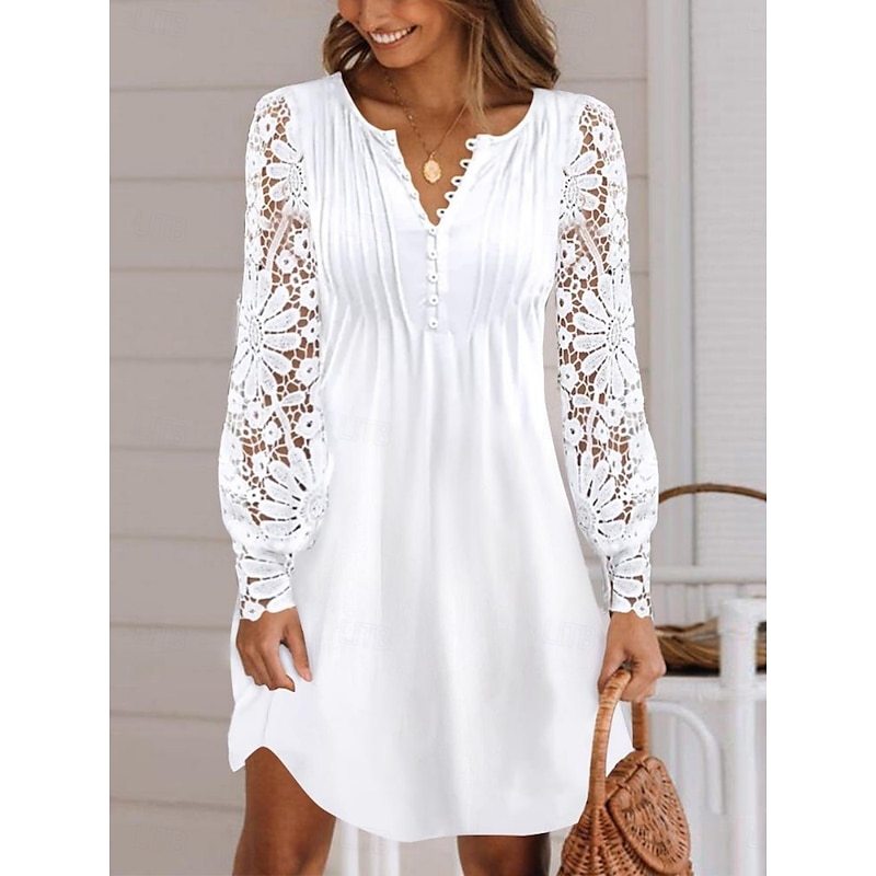 Women's Mini Dress A Line Dress Summer Dress Casual Daily Regular Fit Plain Long Sleeve V Neck Black White Wine Summer