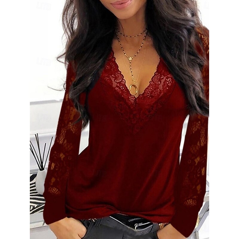 Women's Lace Shirt Solid Color Elegant Stylish Casual Long Sleeve V Neck Regular Tops Daily Lace Patchwork Black Wine Navy Blue Summer Spring2