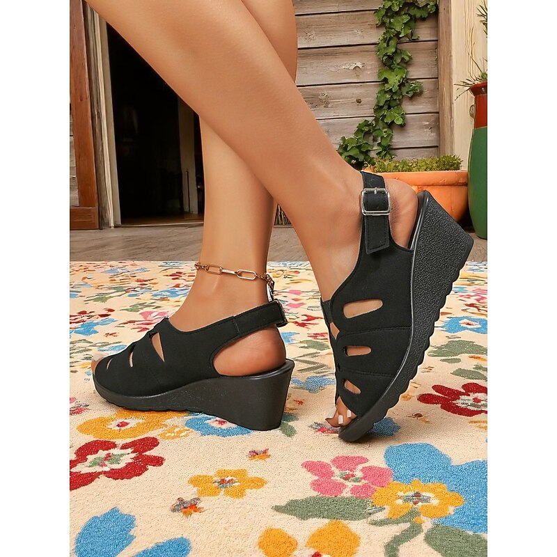 Women's Peep Toe Cutout Wedge Sandals, Adjustable Buckle Comfort Shoes for Work, Casual Outings and Travel3