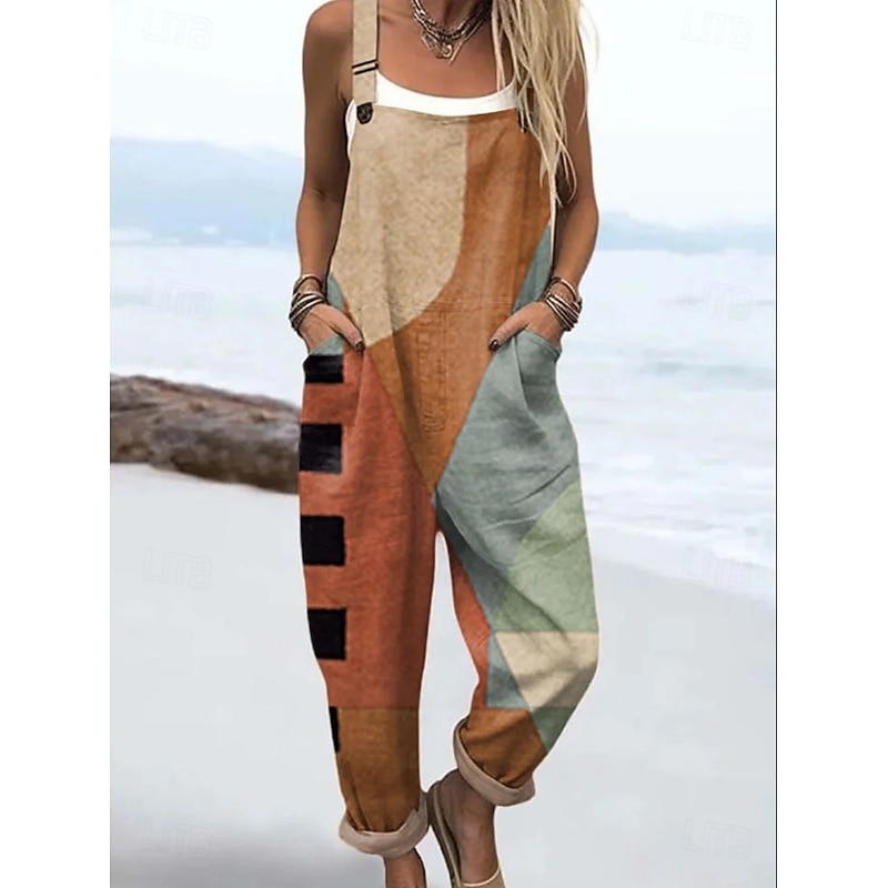 Women's Overall Active Graphic Sleeveless Drawstring Patchwork Vacation Street Loose Fit Light Brown Blue Orange Summer4