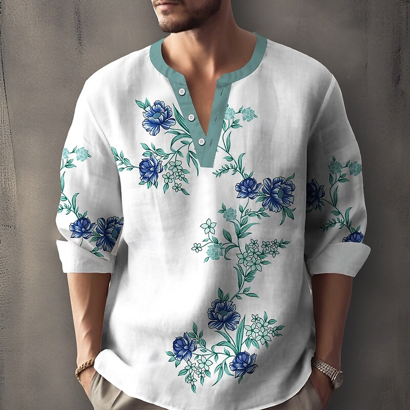 Men's Floral Print Flowers Shirt Henley Shirt Tunic Shirts Long Sleeve Casual Outdoor Vacation Daily Summer Spring V Neck Button Up 3D Print Linen Like Shirt White