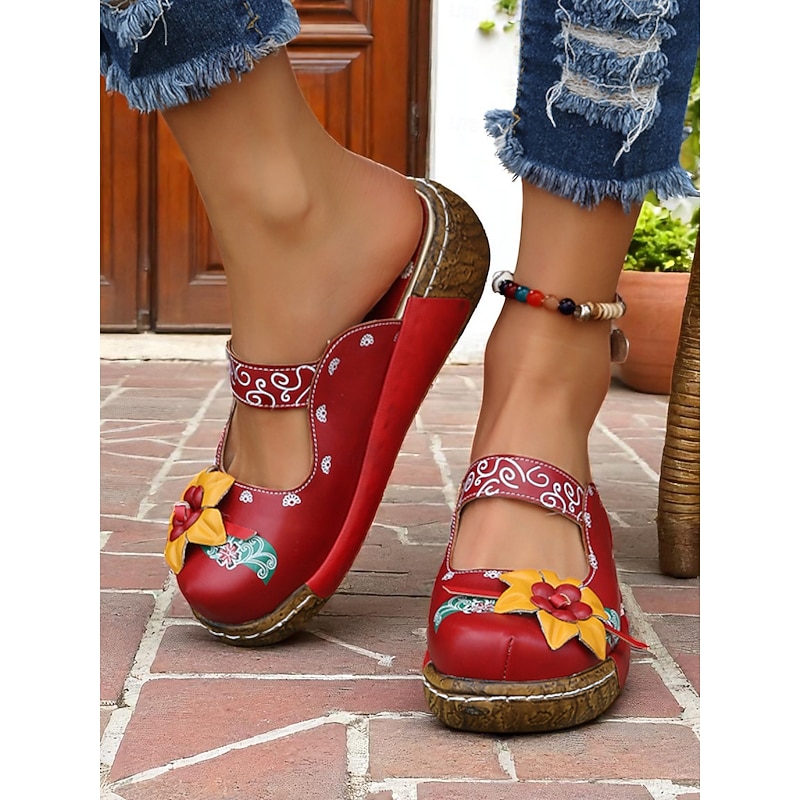 Women's Purple Floral Leather Slip-On Clogs with 3D Flower Appliqué – Vintage Bohemian Comfort Shoes for Casual Wear, Gardening, and Travel4