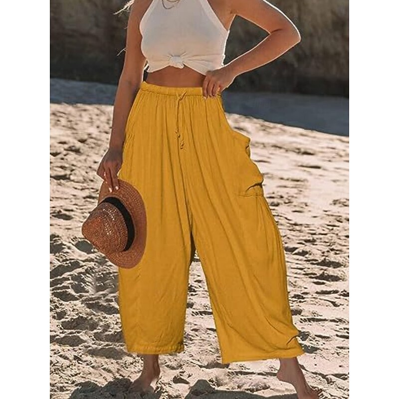 Women's Cotton Linen Pants Chinos Fashion Basic Casual Full Length High Waist Plain Pocket Drawstring Comfort Outdoor Micro-elastic Vacation Street Daily White Yellow Fuchsia Khaki Summer Spring3