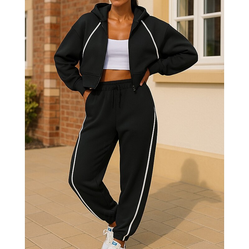 Women's Tracksuit Sweatpants Pullover Sweatshirt Zipper Pocket Solid Colored Clothing Suit Spring Black Pink Gym Training Running Windproof Long Sleeve Sport Activewear Micro-elastic Regular Fit4