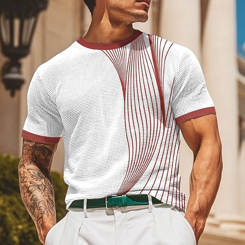 Men's Line Waffle Shirt Short Sleeve T shirt 3D Print Crew Neck Shirt Fashion Casual Comfortable Street Casual Daily Red Blue Green Summer Spring Clothing Apparel S M L XL XXL XXXL3
