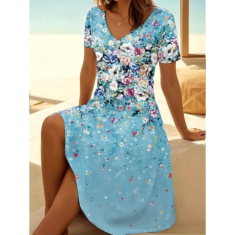 Women's Midi Dress T Shirt Dress Tee Dress Sundress A Line Dress Vacation Casual Beach Going out Beach Regular Fit Floral Graphic Short Sleeve V Neck Gray Pink Light Green Blue Purple Summer Spring2