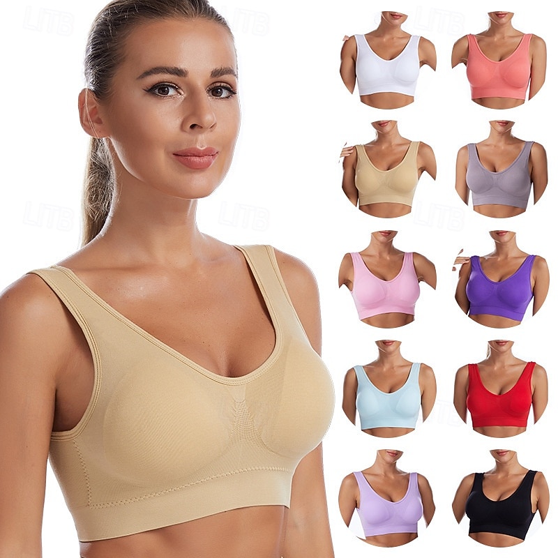 Women's Yoga Bra Pilates Bra Sports Bra Bra Top Push Up Seamless Anti-vibration Wireless Solid / Plain Color Sport Activewear Deep Purple Watermelon Red Gym Zumba Running