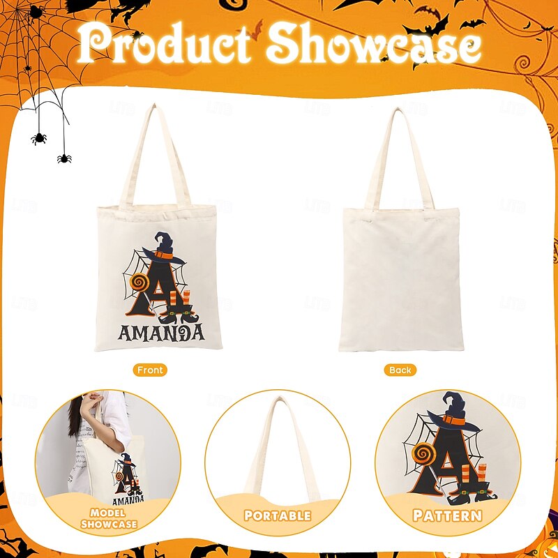 Personalized Name Halloween Treat Bag for Kids Custom Initial Candy Tote Bag Basket for Trick or Treat, Halloween-Themed Gift with Custom Name and Initial, Unique Trick-or-Treater Present for Boys and Girls3
