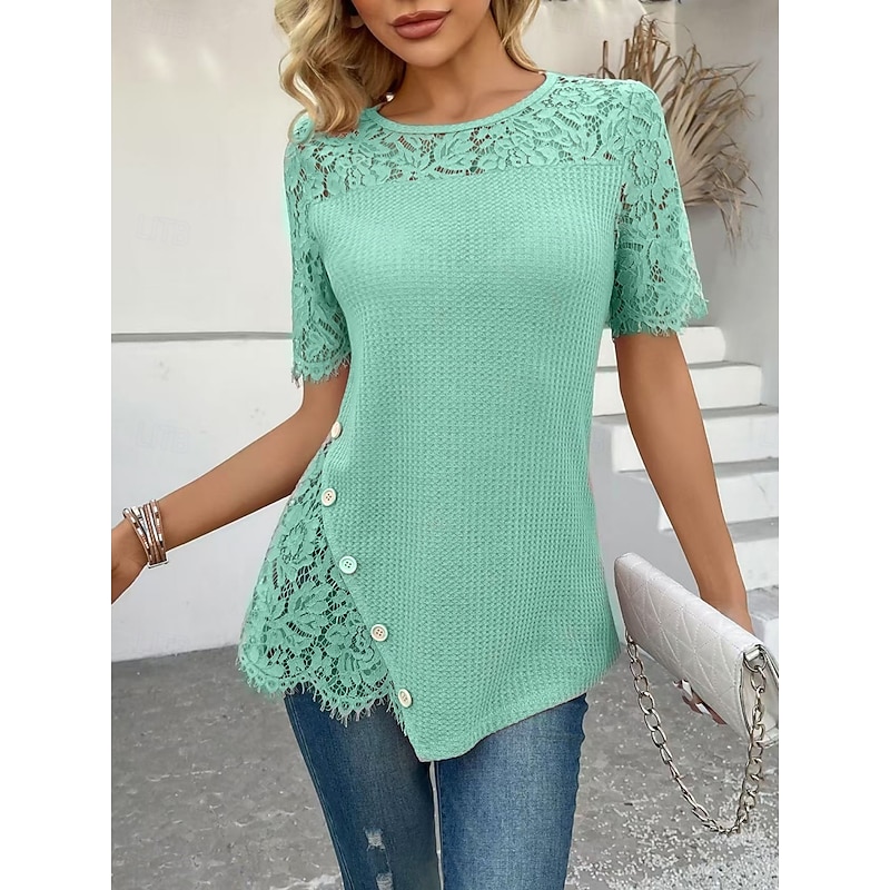 Women's Lace Shirt Solid Color Stylish Casual Short Sleeve Crew Neck Regular Tops Daily Lace Patchwork Pink Purple Gold Green Khaki Summer