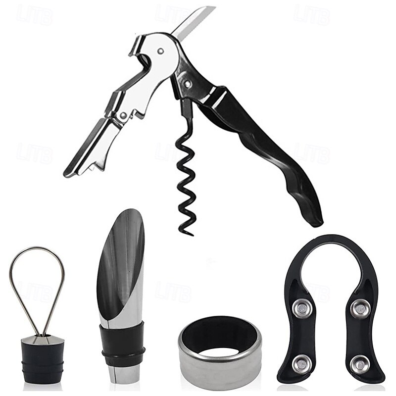 Wine Opener Set Waiters Corkscrew Stainless Foil Cutter Leak Proof Bottle Stoppers Pourer Anti Overflow Collar Drip Ring Included Manual Cap Opening Tool for Cork Manual Wine Bottle Opener Cork4