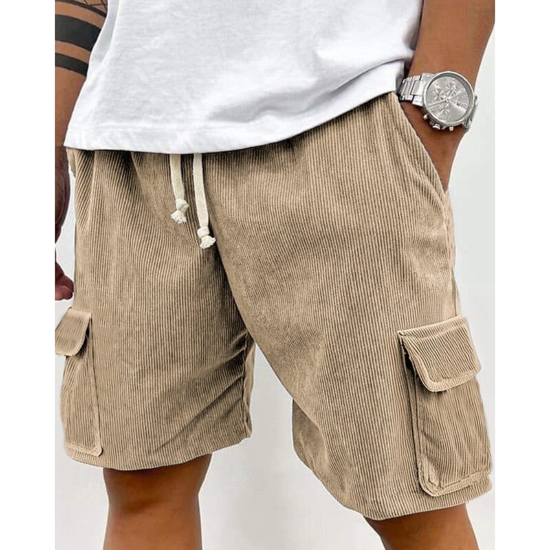 Men's Cargo Shorts Shorts Summer Shorts Corduroy Shorts Drawstring Elastic Waist Multi Pocket Plain Comfort Wearable Knee Length Outdoor Sport Daily Fashion Casual Black Light Green