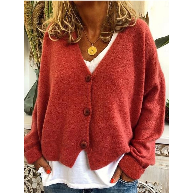 Women's Cardigan Sweater Knitted Ribbed Button Front V NeckLong Sleeve Lightweight Elegant Fashion Streetwear Pure Color Regular Tops Knit Outdoor Daily Weekend Black Red Fall Winter
