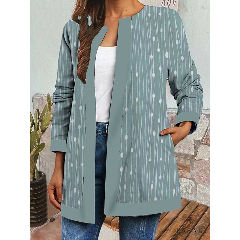 Women's Casual Lightweight Coat Open Front Work Print Geometric Comfortable Boho Vintage Regular Fit Long Sleeve With Pocket Outerwear Long Sleeve Fall Lake blue S2