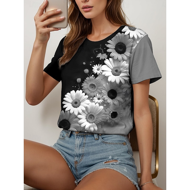 Women's T Shirt Floral Graphic Plants Vintage Stylish Classic Short Sleeve Crew Neck Round Neck Regular Tops Daily Print Black and White Yellow Blue Purple Fuchsia Summer Spring4