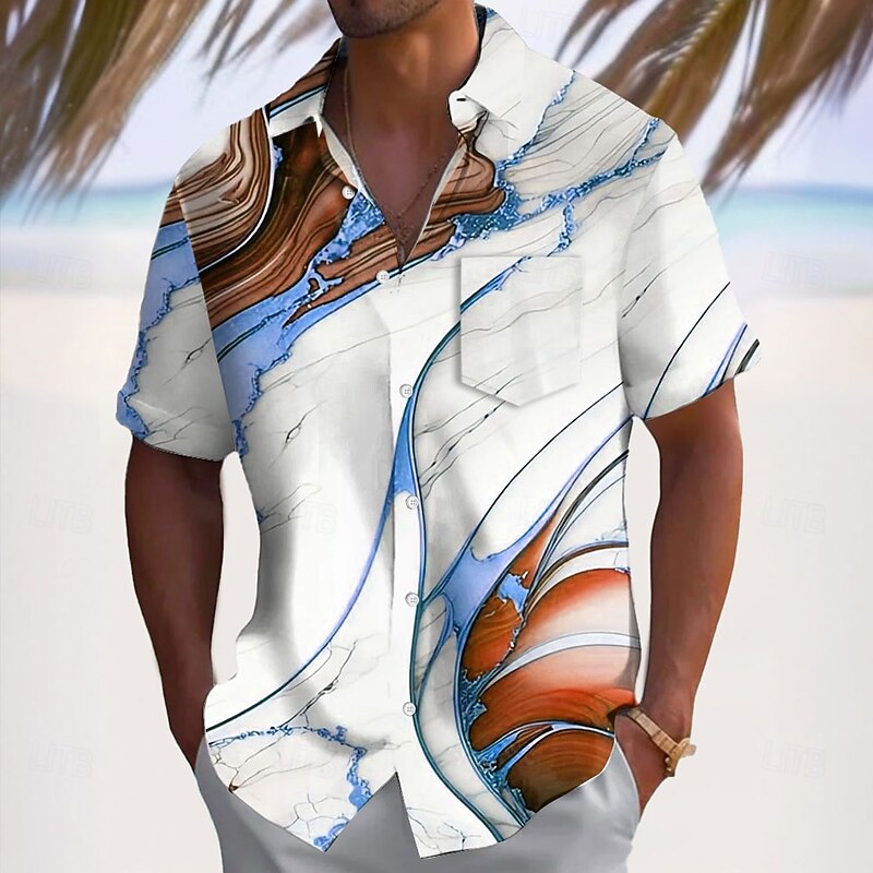 Men's Geometric Waves Abstract Art Shirt Summer Shirt Button Up Shirt Short Sleeve Fashion Casual Outdoor Vacation Dailywear Summer Spring Turndown 3D Print Collared Shirts Front One Pocket Blue4