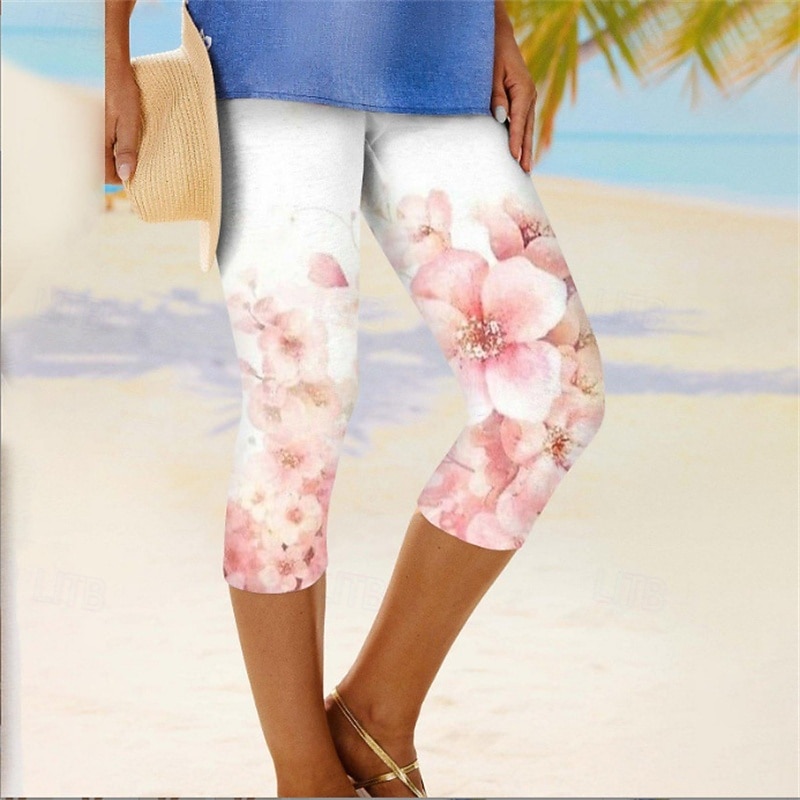 Women's Leggings Anti Chafing Shorts Cozy Leggings Fashion Streetwear Calf-Length Natural Flower Elastic Waist Comfortable Breathable Stretchy Daily Wear Festival White Yellow Pink Blue Summer Slim3