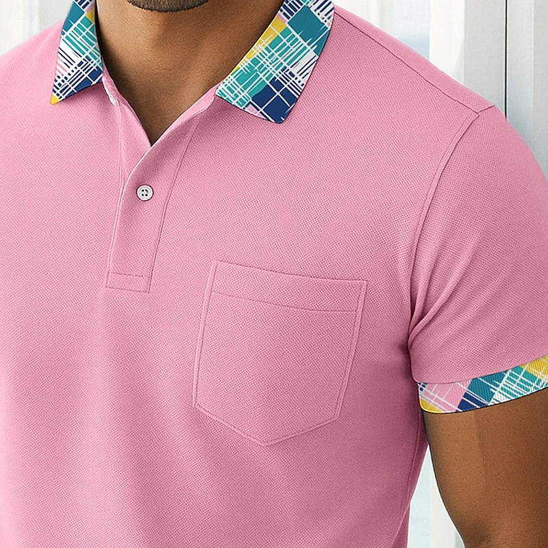 Men's Golf Shirt Vacation Business Classic Short Sleeve Fashion Basic Solid Color Plaid Buttons Summer Spring Spring &  Fall Regular Fit White Pink Navy Blue Green Golf Shirt2