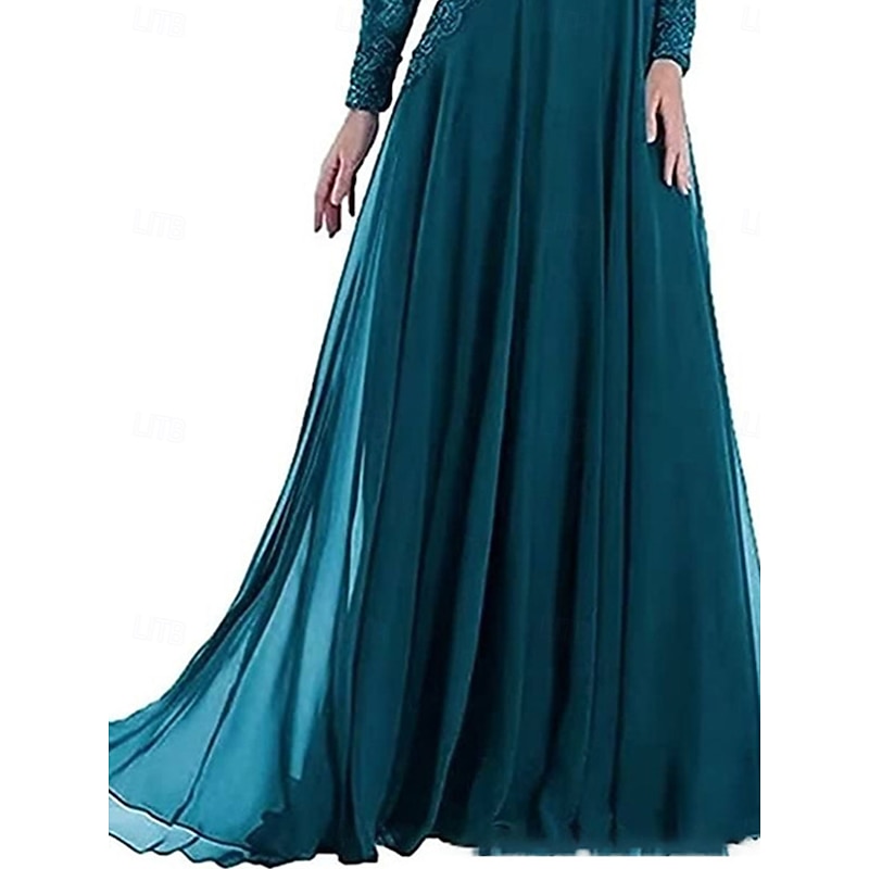 A-Line Mother of the Bride Dress Elegant Party Crew Neck Floor Length Lace Long Sleeve with Pleats2