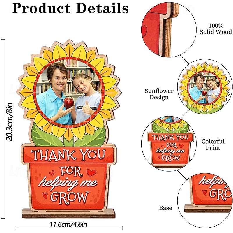 Personalized Photo Wooden Frame Decoration Custom Gift for Teacher, Thank You for Helping Me Grow Plaque, End of Year Graduation Gift from Student to Preschool or Kindergarten Teacher2