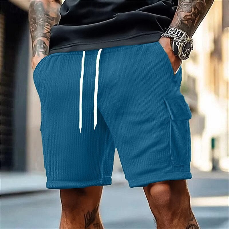 Men's Cargo Shorts Beach Shorts Running Shorts Gym Shorts Drawstring Elastic Waist Multi Pocket Plain Comfort Breathable Knee Length Outdoor Surfing Daily Vacation Streetwear Black Blue Micro-elastic4