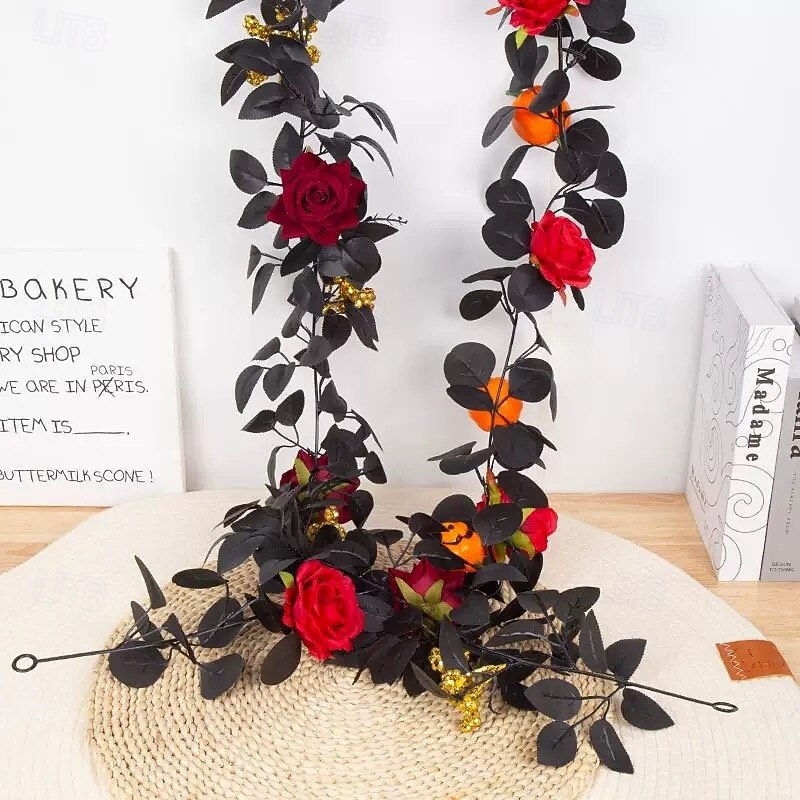 Halloween Black Artificial Rose Vine Garland, Faux Rose and Leaf Garland for Harvest Festival Home Decor, Spooky Floral Halloween Decoration