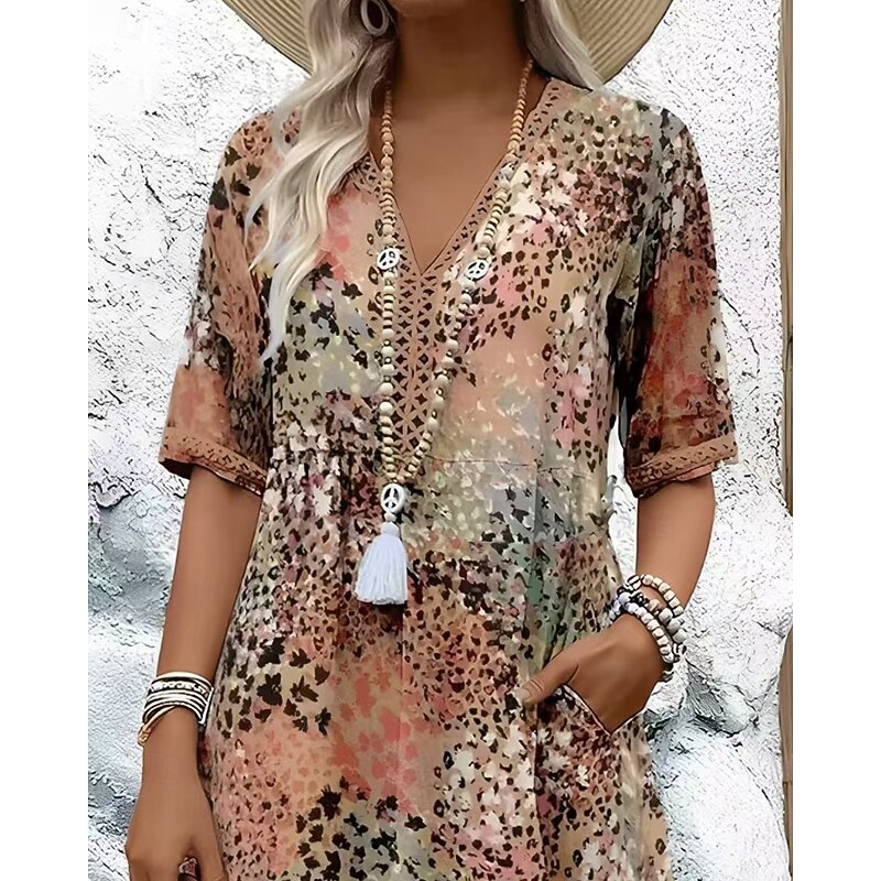 Women's Midi Dress Floral Dress Print Dress Classic Modern Outdoor Vacation Going out Regular Fit Flower Short Sleeve V Neck Blue Khaki Rose Red Summer