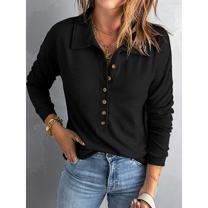 Women's Blouse Solid Color Stylish Basic Casual Long Sleeve Shirt Collar Regular Tops Daily Buttons Black White Navy Blue Sky Blue Khaki Summer Spring Fall2