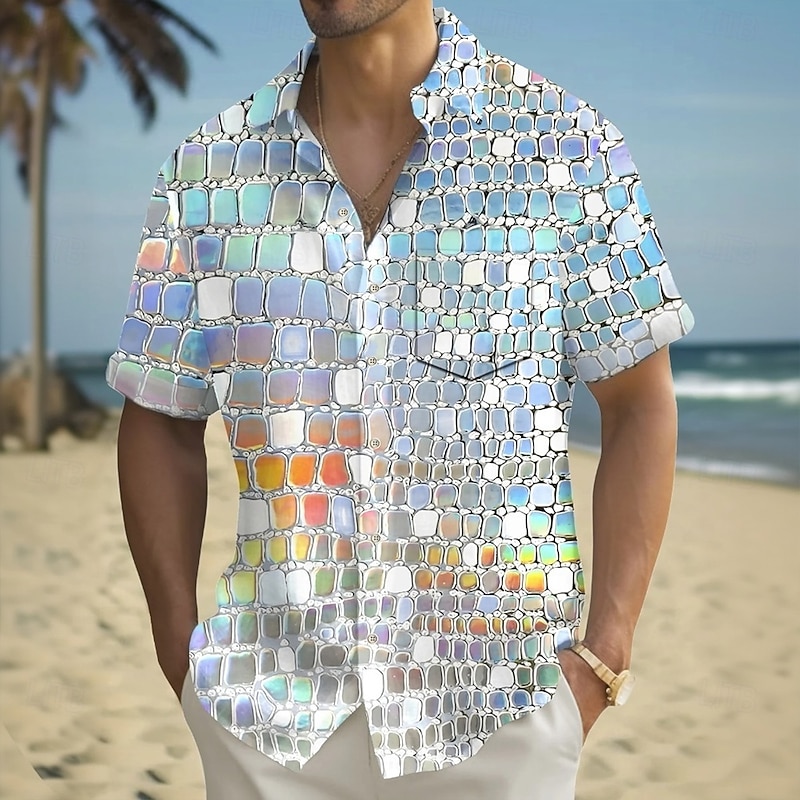 Men's Dazzle color Mosaic Tiles Shirt Summer Shirt Button Up Shirt Short Sleeve Fashion Casual Outdoor Vacation Dailywear Summer Spring Turndown 3D Print Collared Shirts Front One Pocket Silver