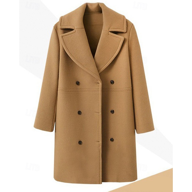 Women's Parka Warm Comfortable Buttons Pocket Fashion Plain Daily Going out Double Breasted Long Turndown Regular Fit Long Sleeve Outerwear Black Wine Khaki Fall Winter2