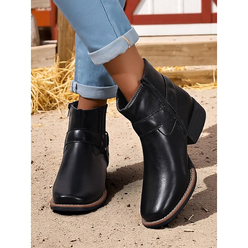 Women's Ankle Boots with Side Zipper and Strap Detail, Faux Leather, Western Style Work Shoes for Outdoor Farm Chores, Harvest Festival and Daily Wear3