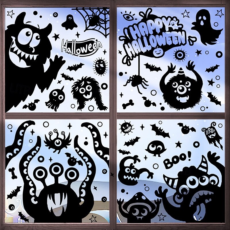 6 Sheets Halloween Window Cling Sticker Decals Decorations Double Side, Cute Cartoon Spider Bat Devil Monster Eye Static Stickers for Party Supplies and Glass Decor2