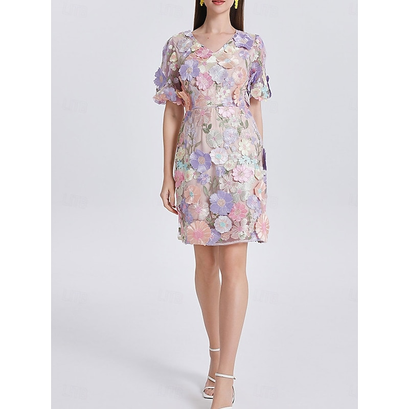 H-Line Mini Dresses Elegant Dress Wedding Wedding Guest Short Sleeve Puff Sleeve V Neck with Floral Embroidery Lace4