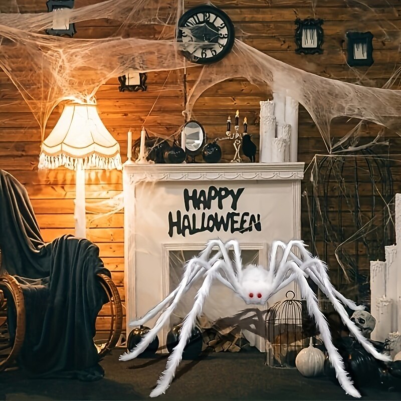 Giant 59-inch White Hairy Spider Realistic Polyester Fiber Halloween Decor Scary Indoor/Outdoor Prop for Christmas Thanksgiving Horror Theme Gift3