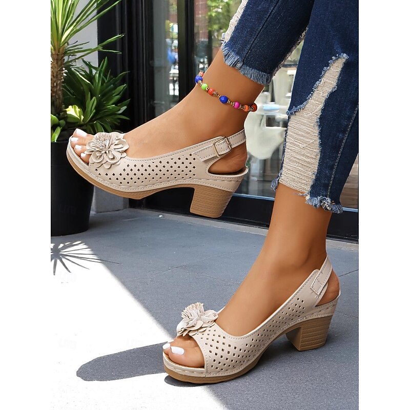 Women's Floral Cutout Slingback Sandals – Comfortable Chunky Heel Summer Sandals for Casual & Garden Party Wear