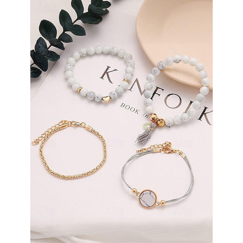 Women's Howlite Beaded Bracelet Set – Boho Layered Stack with Heart Charm, Marble Pendant and Tassel for Casual Wear, Beach Outfits and Gifts3