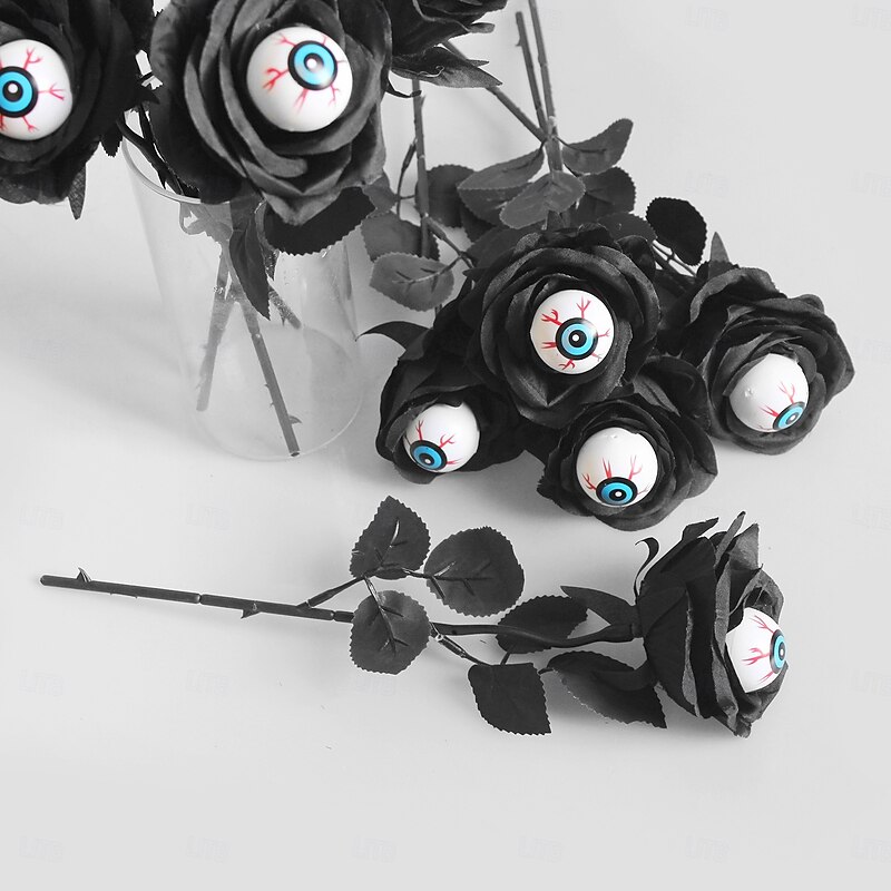 10 Bundles Halloween Eyeball Artificial Roses, Black Rose Stems with Eyeballs, Multicolor Halloween Floral Stems for Spooky Party Table Decor2